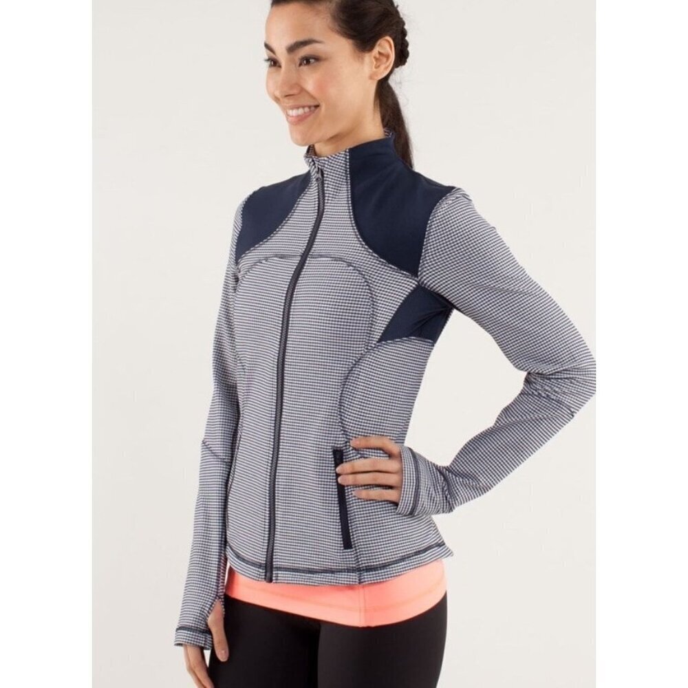Lululemon Forme Jacket Womens Size 2 Navy Blue‎ White Gingham Athletic Stretch
